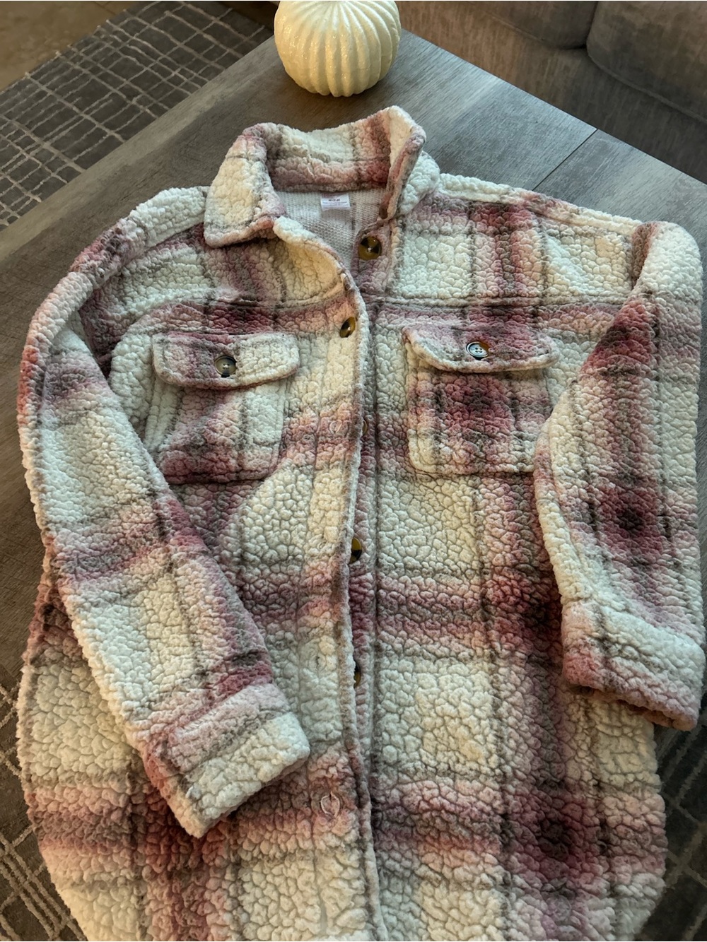 No Boundaries Cozy Sherpa Plaid Shacket - Cream & Dusty Pink